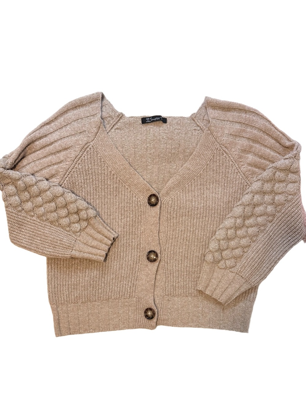 Simplee Cable-Sleeve Knit Cardigan Tan Beige Womens Size Small Button Front